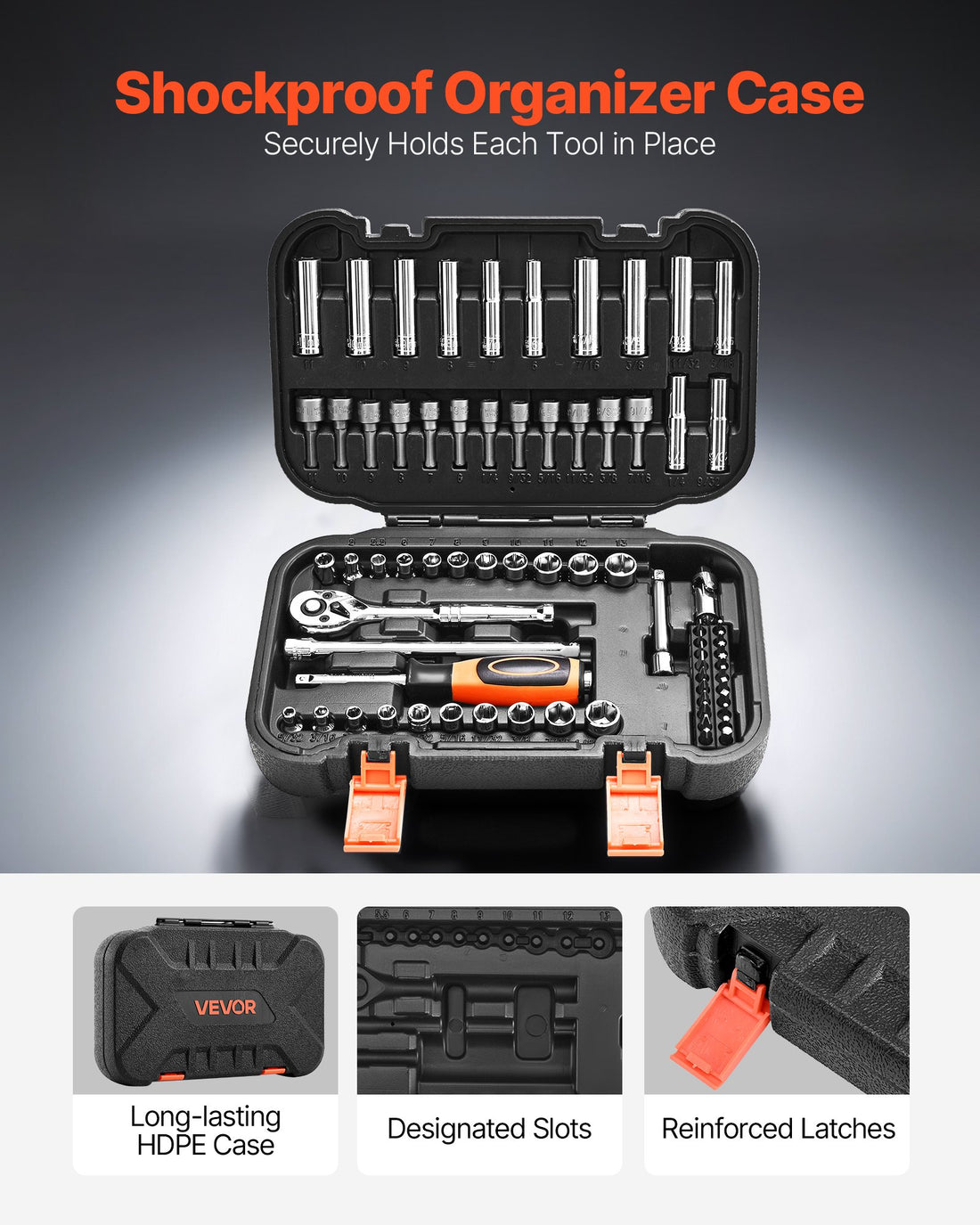 Socket set case features and latches