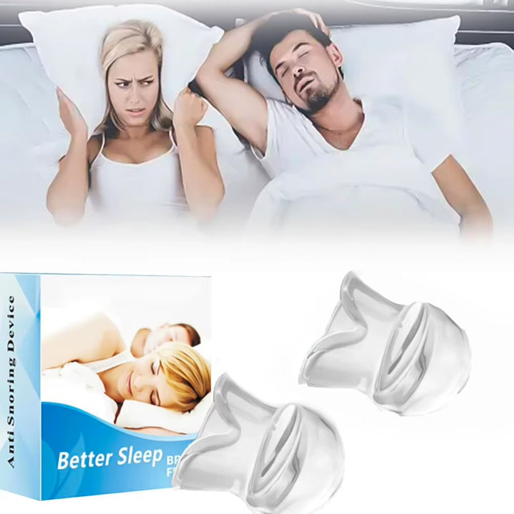 Anti-snoring device alongside packaging for size reference