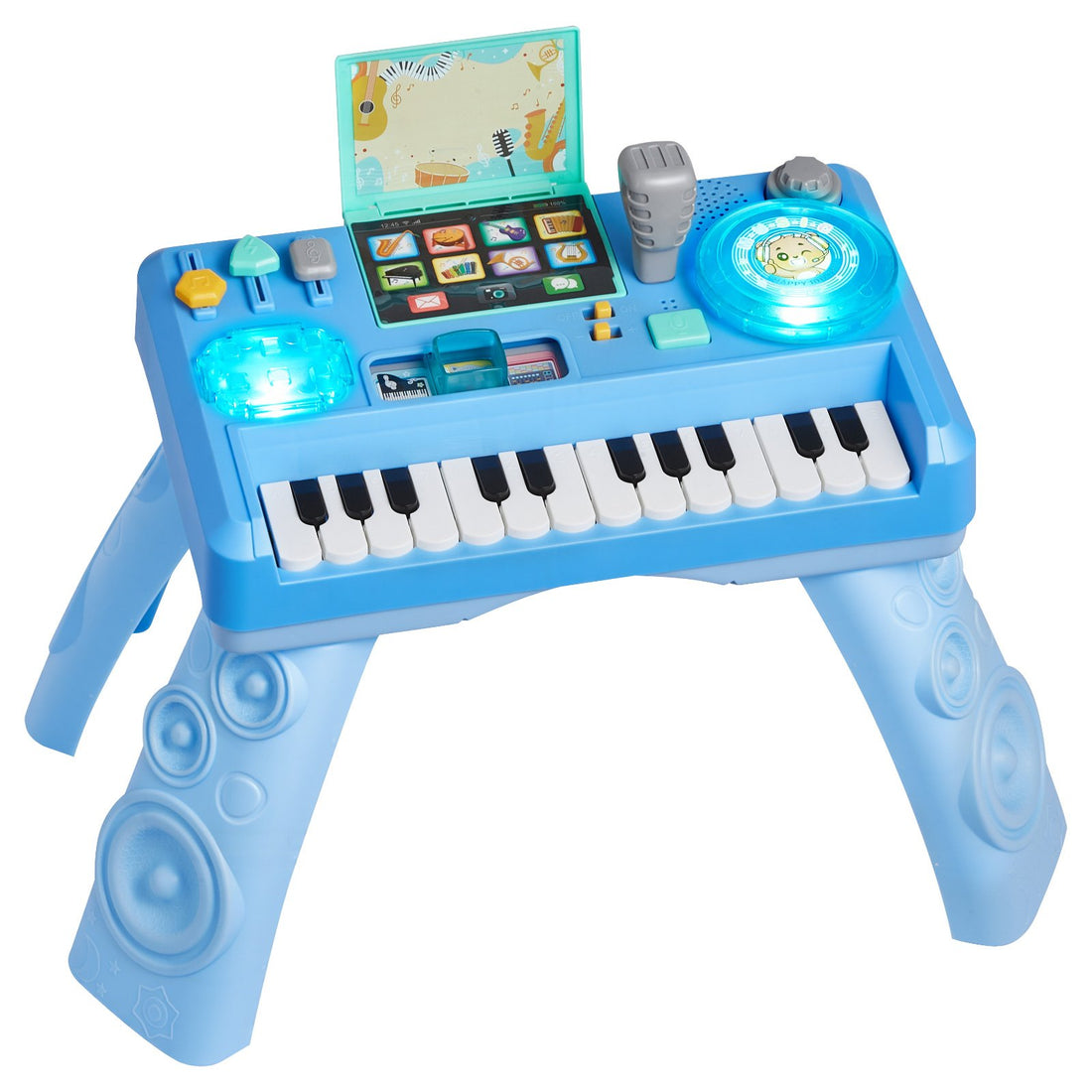 Blue baby DJ musical activity table with piano keys, LED turntable and microphone