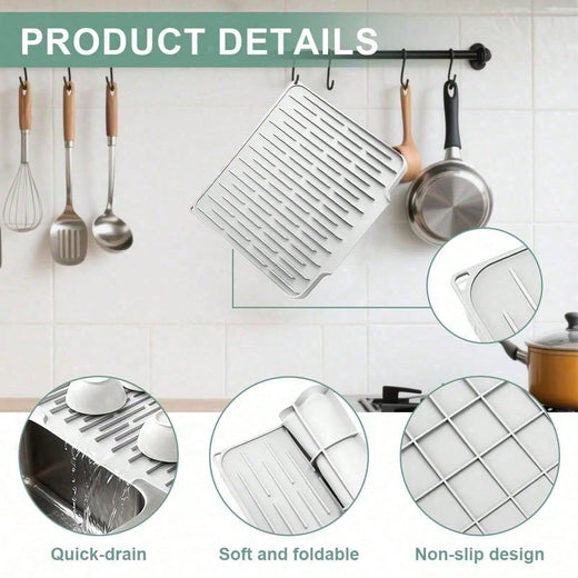 Wet dishes draining on the raised grid silicone mat