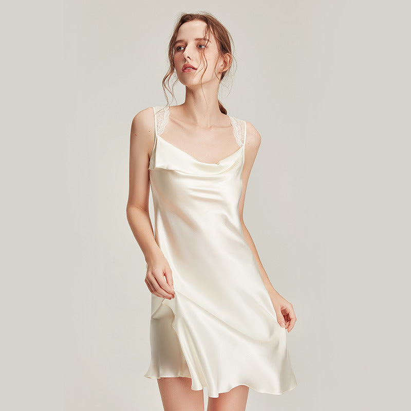 Mulberry silk midi slip nightgown with lace trim, photo 6