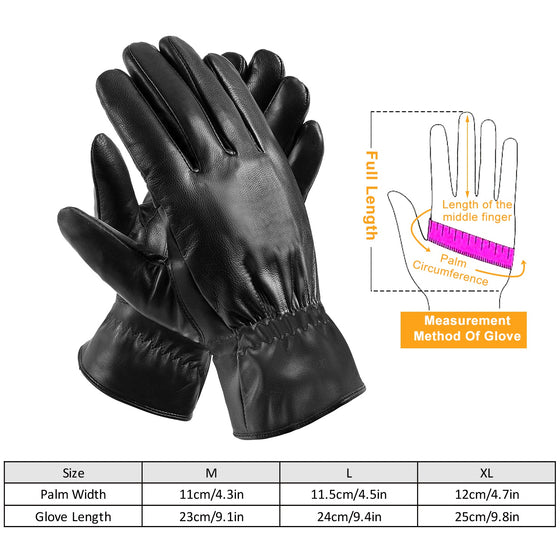 Black faux leather gloves with a size chart for palm width and glove length