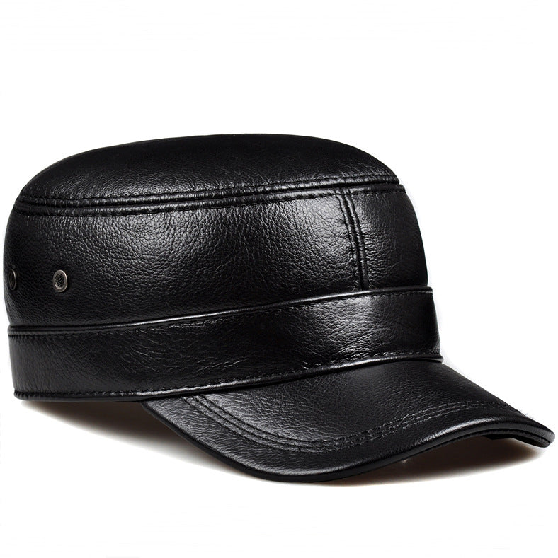 Men's Genuine Cowhide Leather Winter Warm Flat Top Ear Protection Hat