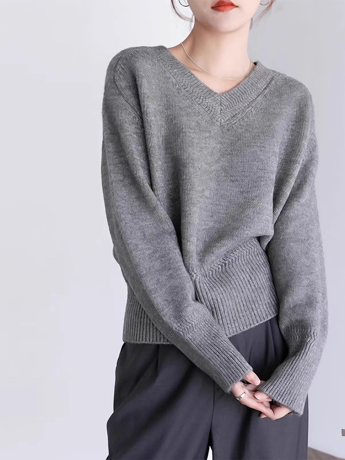 Women V-Neck Solid Color Long Sleeve Sweater Loose Fit Pullover