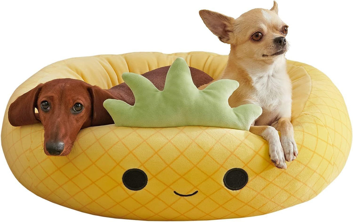 Pet bed shown in its pineapple-themed design