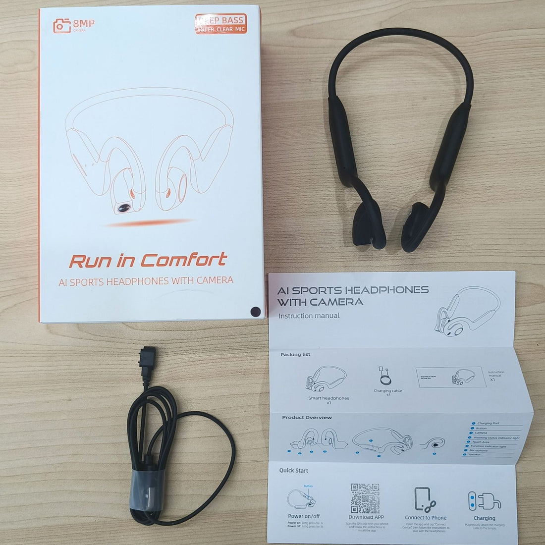 Smart Bluetooth Headset with 800W Camera AI Translation OTA 8GB Memory Voice Assistant