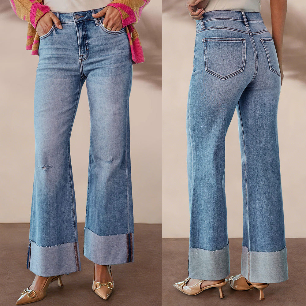 Women's High-Waisted Wide-Leg Washed Denim Jeans with Ripped Details