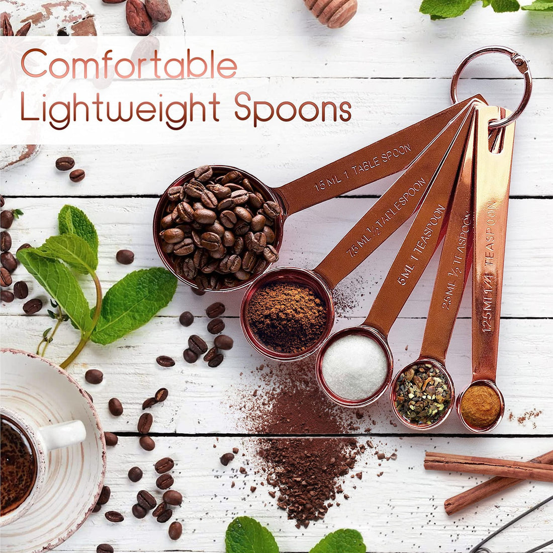 9-piece stainless steel measuring set with cups and spoons, detail view