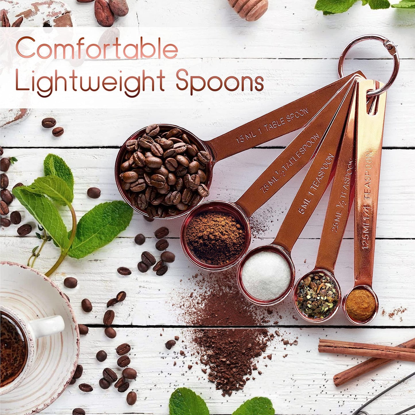 9-piece stainless steel measuring set with cups and spoons, detail view