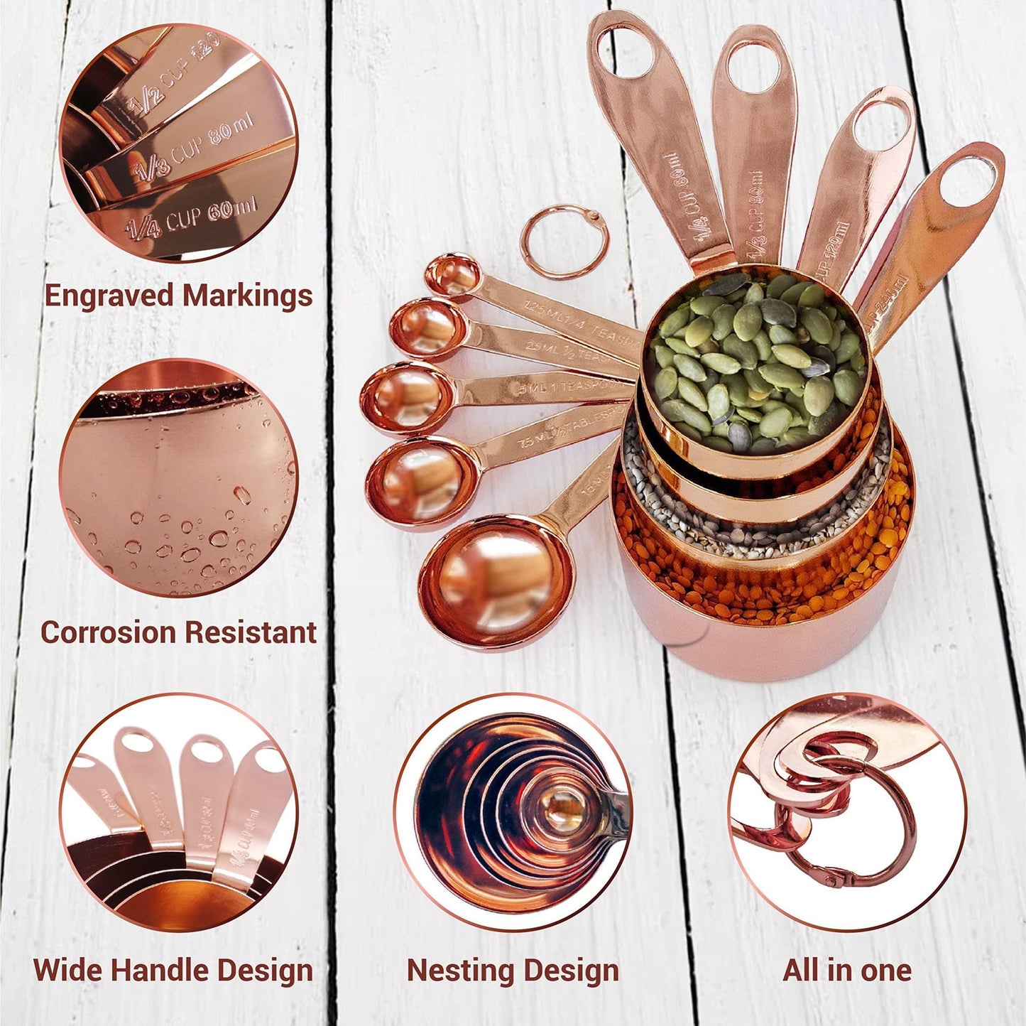 9-piece stainless steel measuring set with cups and spoons, in-use view