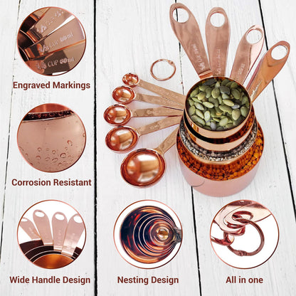 9-piece stainless steel measuring set with cups and spoons, in-use view