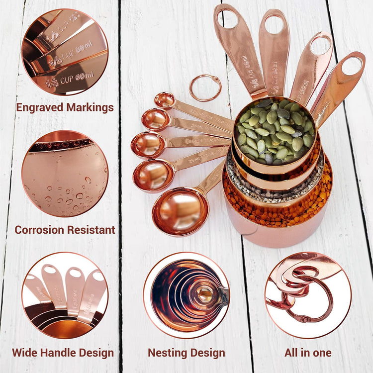 9-piece stainless steel measuring set with cups and spoons, in-use view