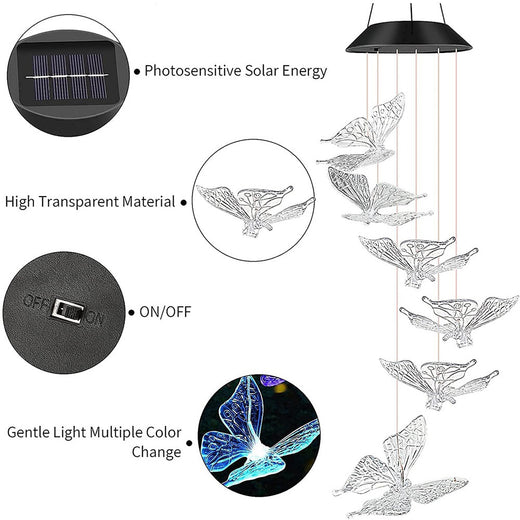 Solar Powered Butterfly Wind Chime Light with LED Illumination