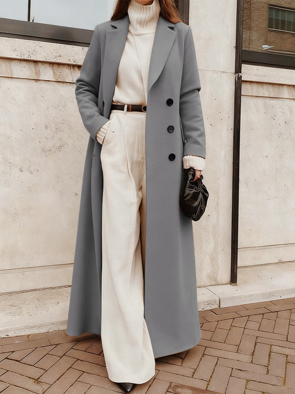 Long Wool Blend Coat with V-Neck