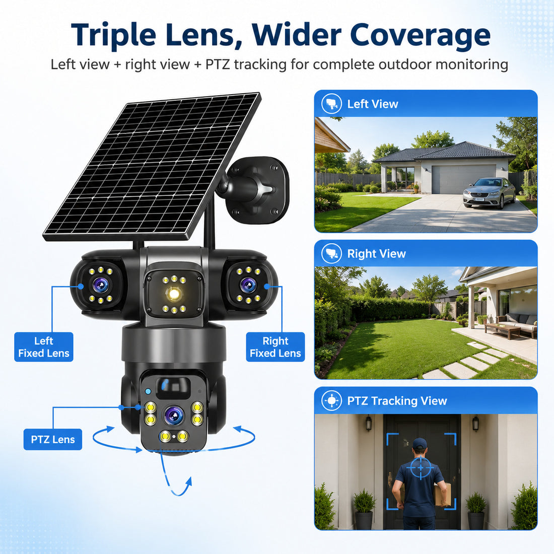 Wireless 360 Degree Outdoor Security Camera with Solar Panel 4G WiFi Multi-Lens PTZ Surveillance System