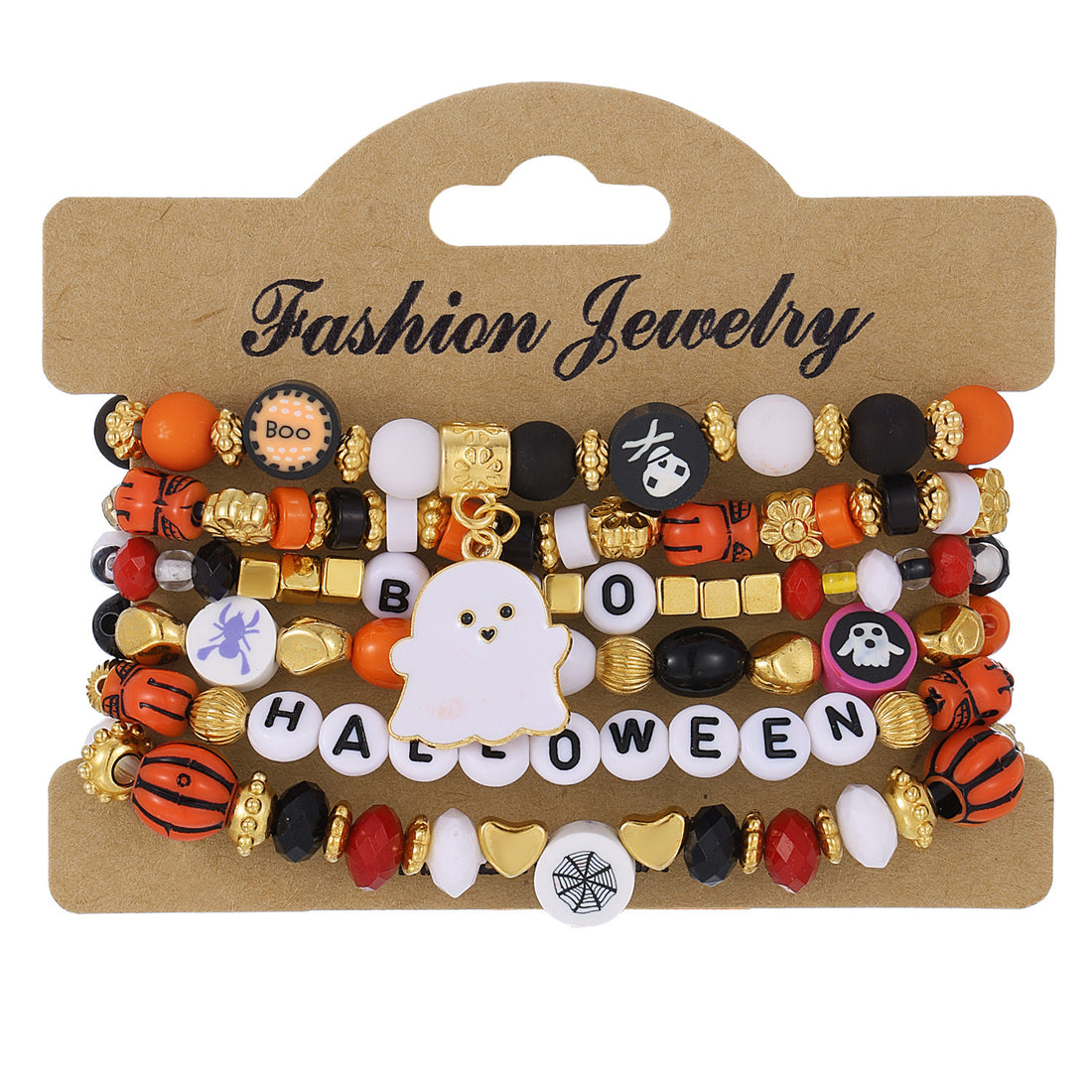 Halloween Orange Pumpkin Skull Bracelet Set