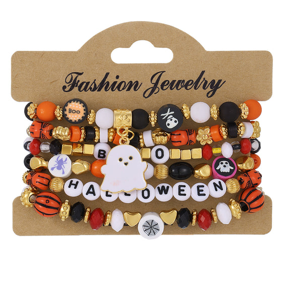 Halloween Orange Pumpkin Skull Bracelet Set