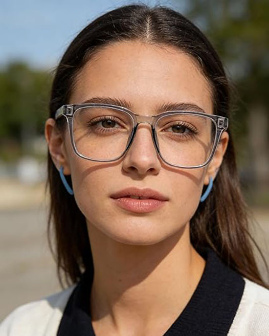Blue light blocking glasses worn by a woman at a laptop