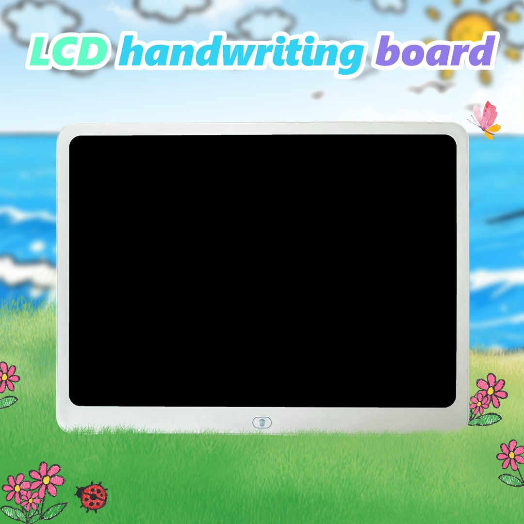 Blank white 20 inch LCD handwriting board on a colorful background
