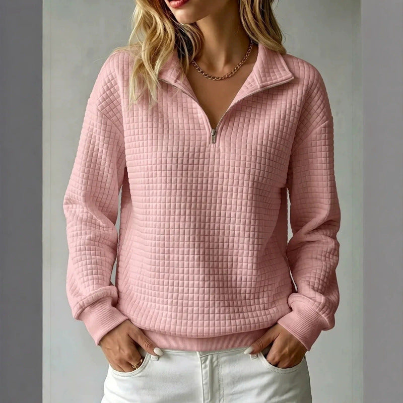 Women's Solid Color Waffle Knit Stand Collar Zipper Long Sleeve Loose Sweatshirt