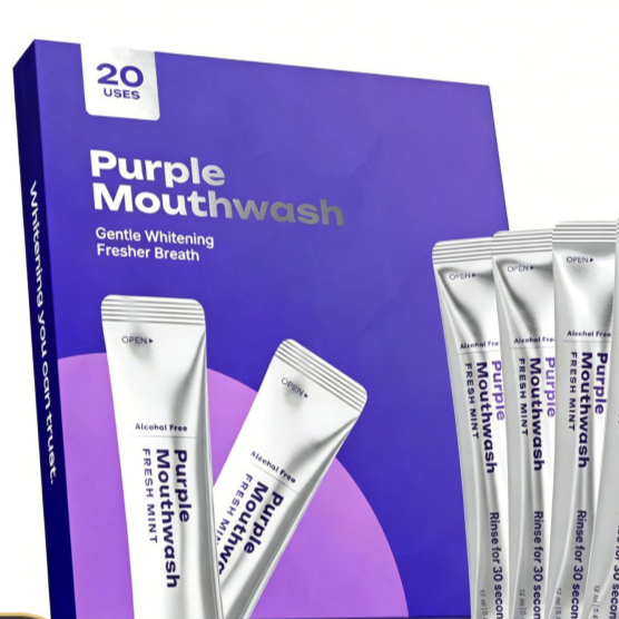 Purple Mouthwash box with single-use sachets, labeled 20 uses