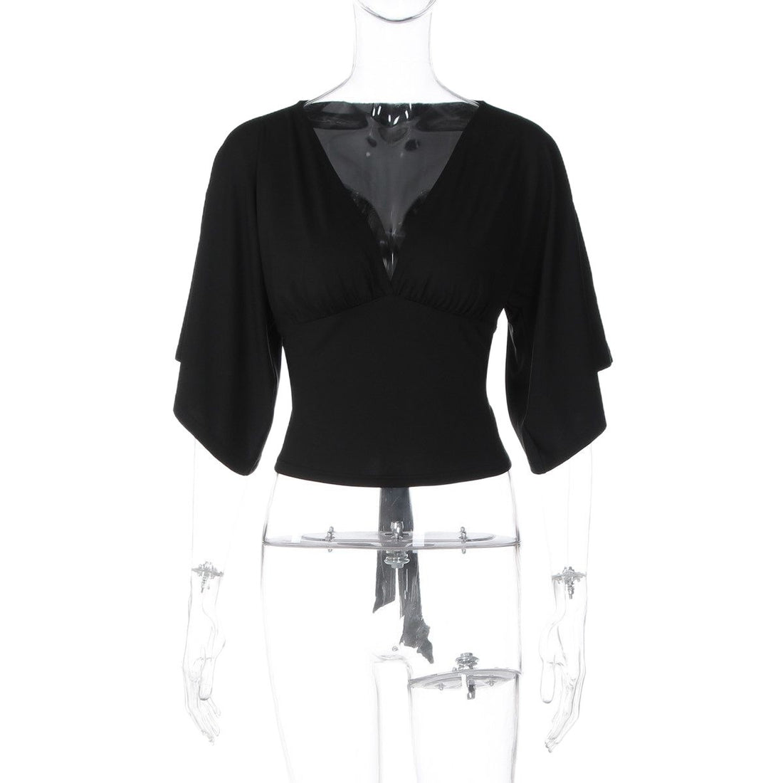 Women's Deep V-Neck Tie-Front Slim-Fit Short Sleeve Crop Top