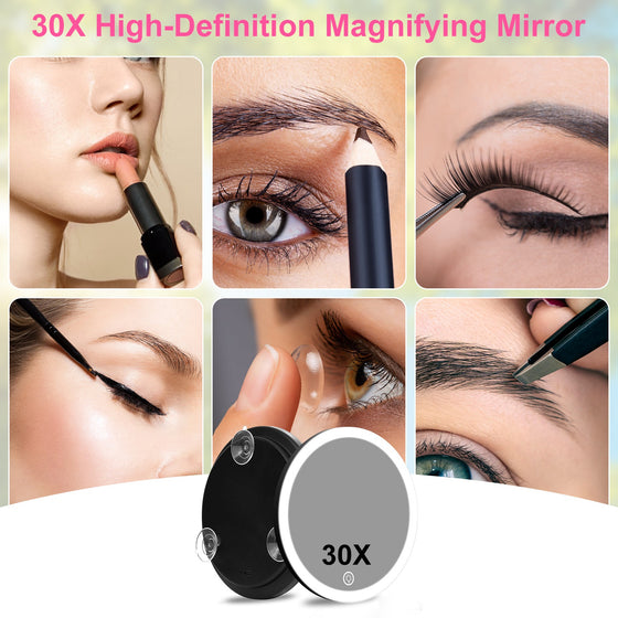30X magnifying mirror used for lipstick, brows, eyeliner, lashes and contacts