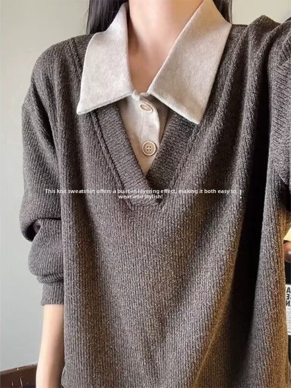 Men's Faux Two-Piece V-Neck Knit Sweater Breathable Anti-Static Long Sleeve Pullover