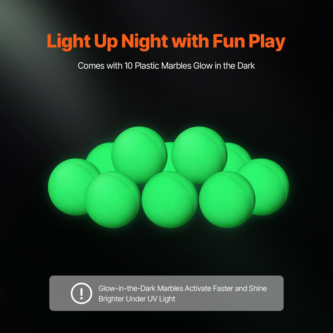 Ten glow-in-the-dark marbles glowing green in the dark