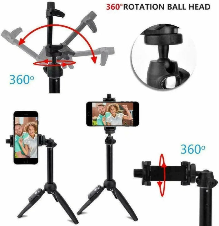 Selfie stick tripod phone clamp holding a smartphone