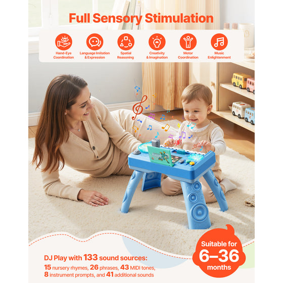 Mother and toddler playing with the baby DJ table, 133 sounds for 6-36 months