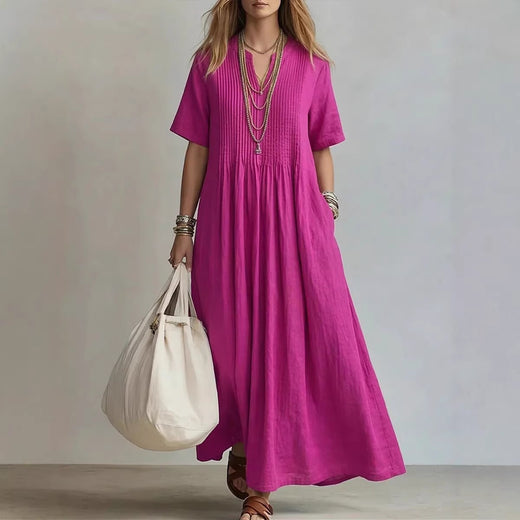 Women's V-Neck Pleated Cotton Linen Dress