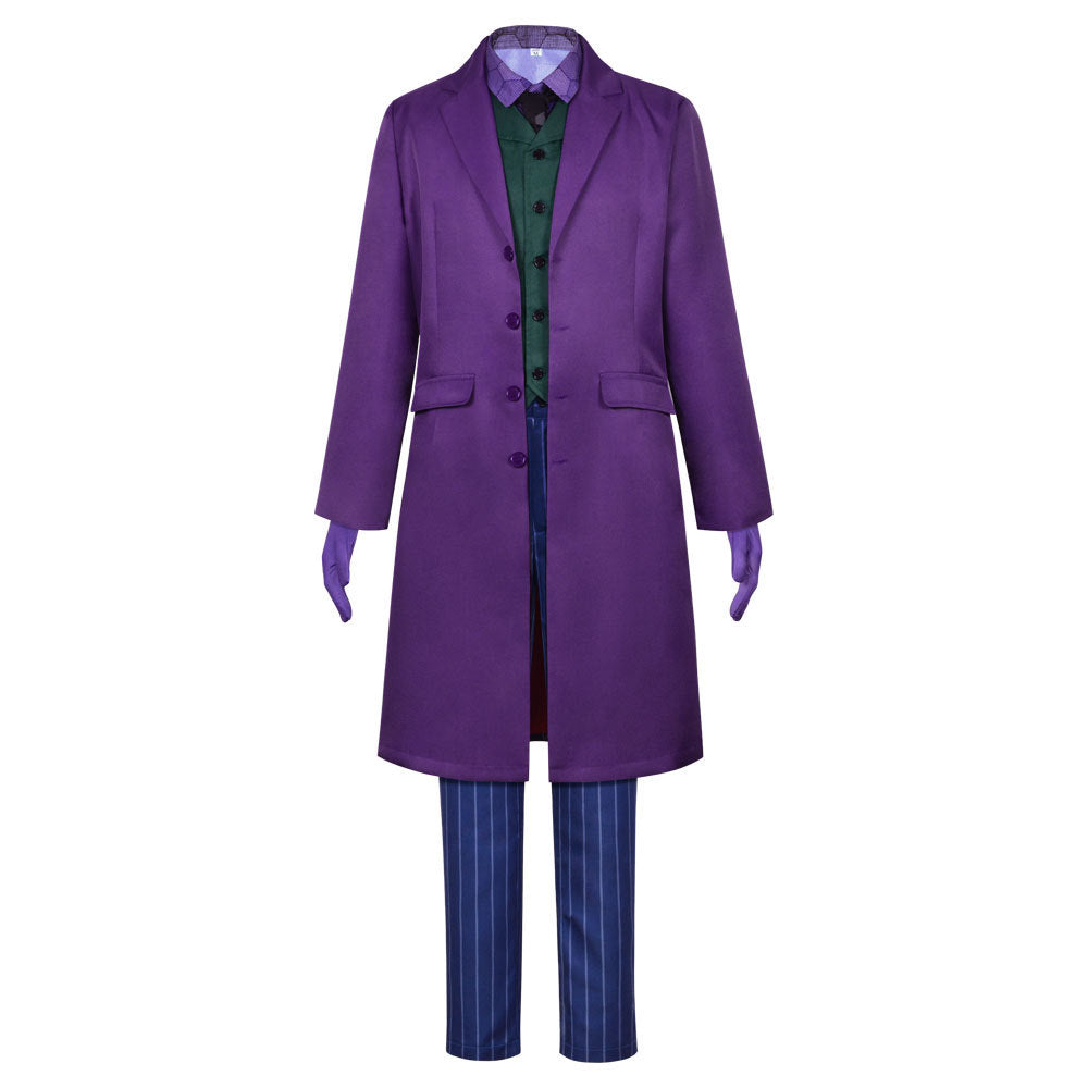 Purple Joker coat with green vest, striped trousers and purple gloves