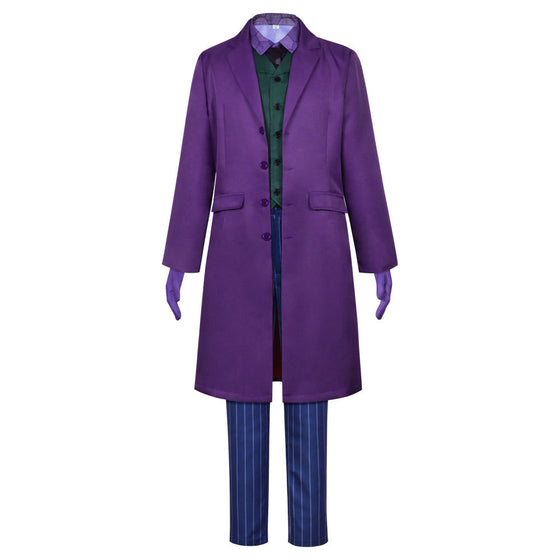 Purple Joker coat with green vest, striped trousers and purple gloves