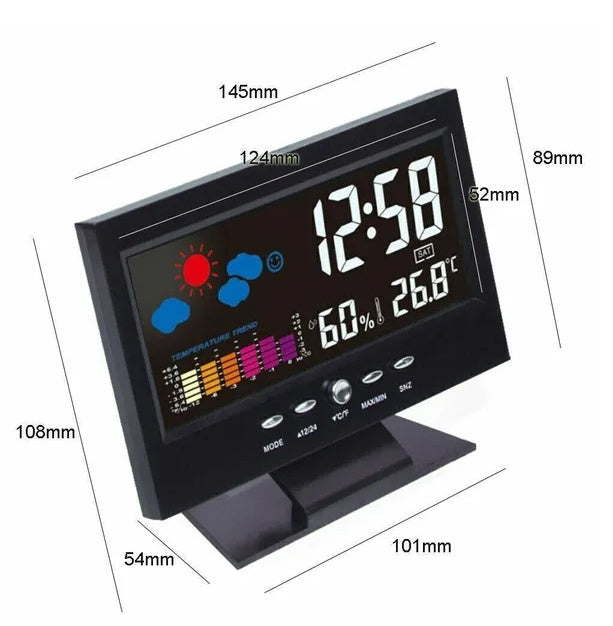 Digital alarm clock with dimensions of 145 x 89 mm