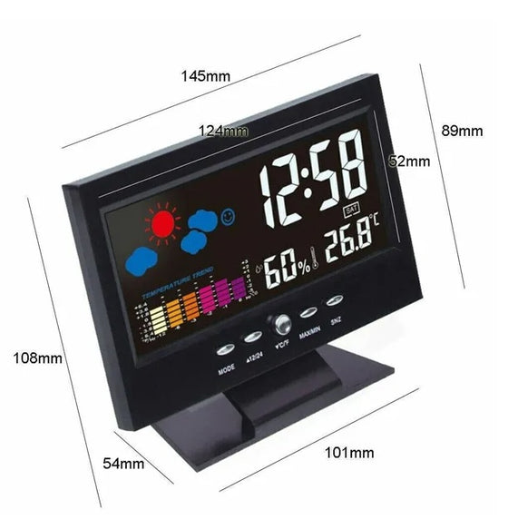 Digital alarm clock with dimensions of 145 x 89 mm