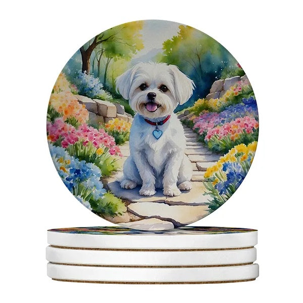Sandstone coasters set of 4 with Maltese in a flower garden watercolor, Style7