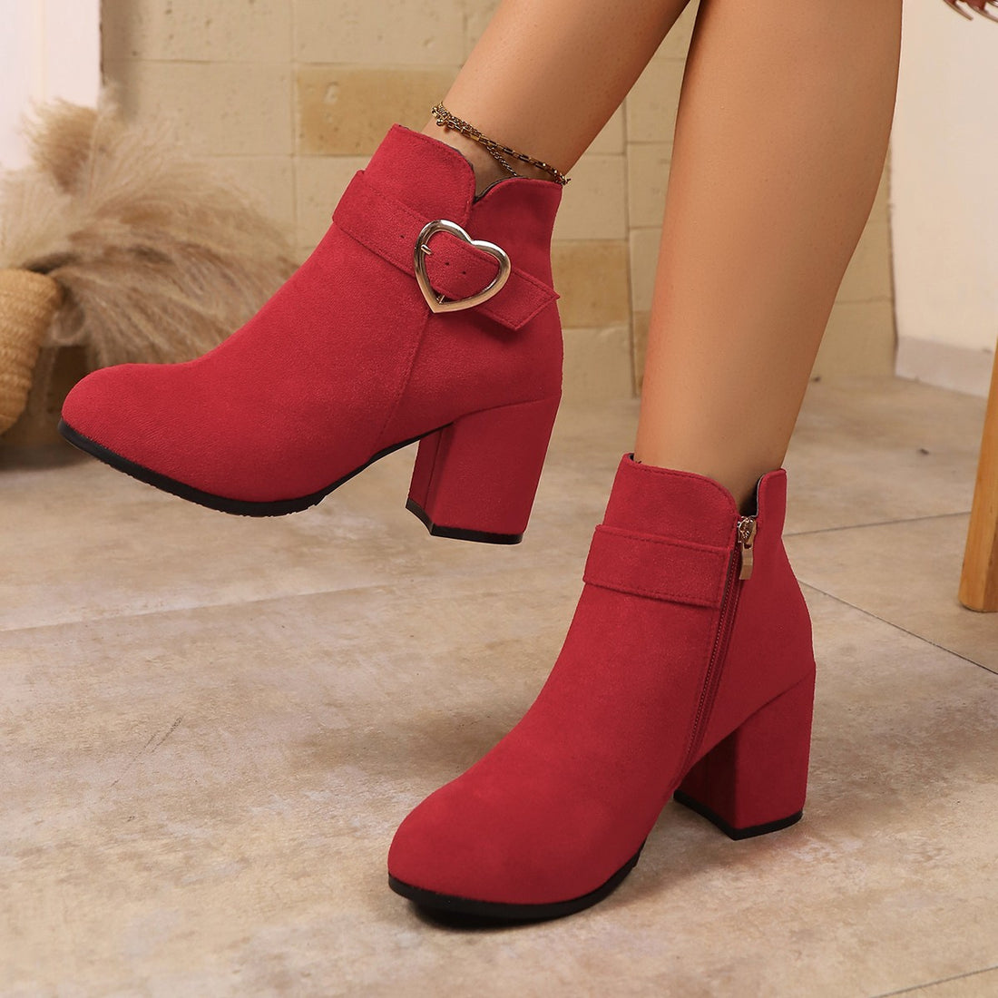 Women's Suede Thick Heel Boots with Metal Buckle and Side Zipper