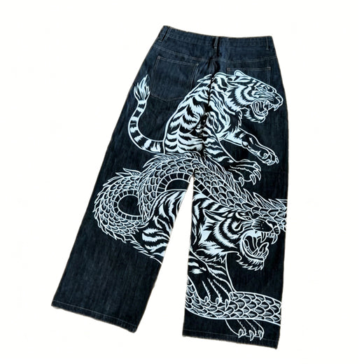 Y2K Dragon Tiger Print Drawstring Denim Pants