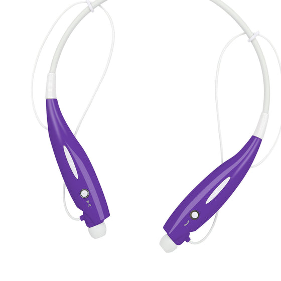 Purple and white neckband headphones, side view