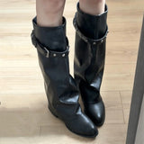 Womens Pointed Toe Black Long Boots with Chunky Heel