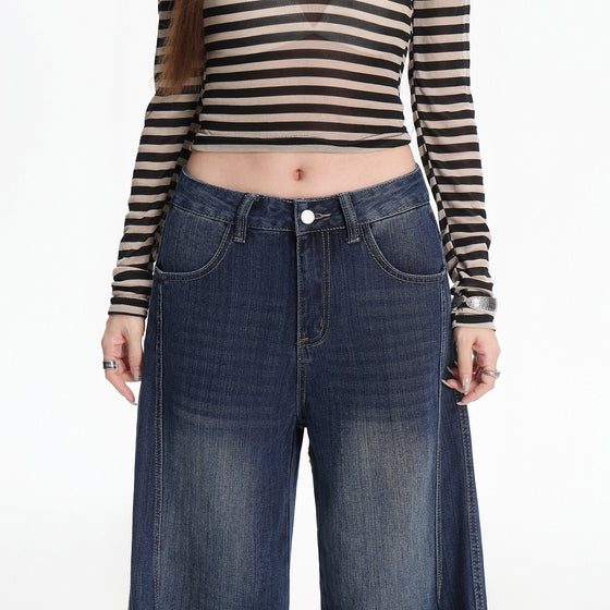 Women's Retro Blue Bamboo Pattern Straight-Leg Floor-Length Jeans