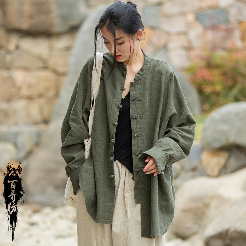Women's Ramie Cotton Blend Sand-Washed Distressed Stand Collar Cardigan Jacket