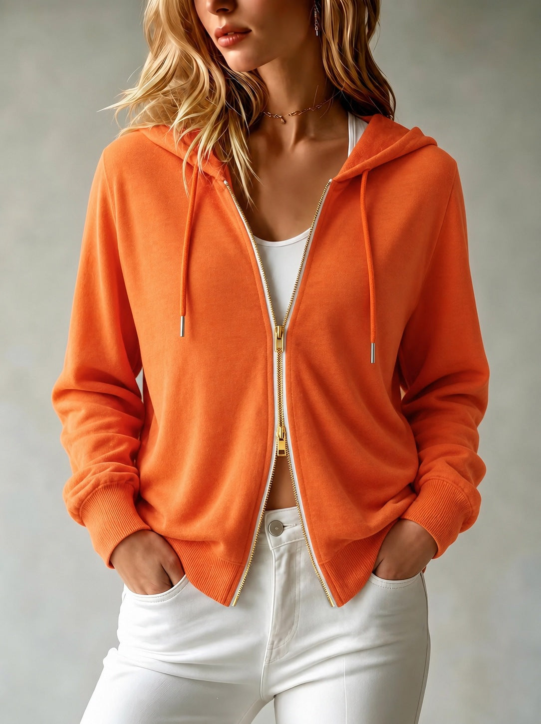 Women's Solid Color Hooded Zip-Up Cardigan Long Sleeve Loose Fit Sweatshirt