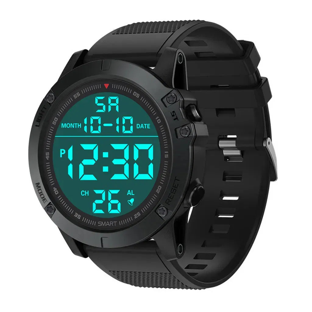 Black digital sports watch at an angle showing the lit display