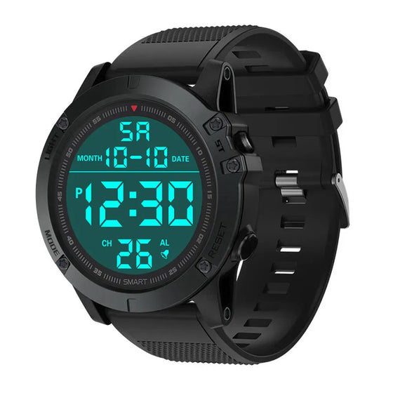 Black digital sports watch at an angle showing the lit display