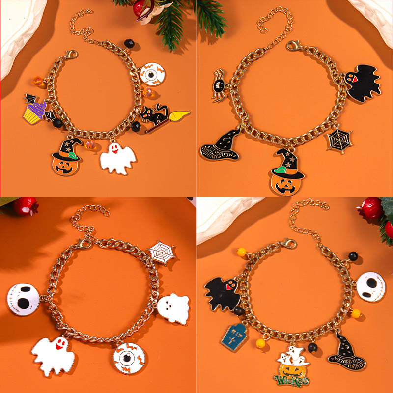 Halloween themed bracelet with pumpkin head, ghost wizard hat, festive ornaments