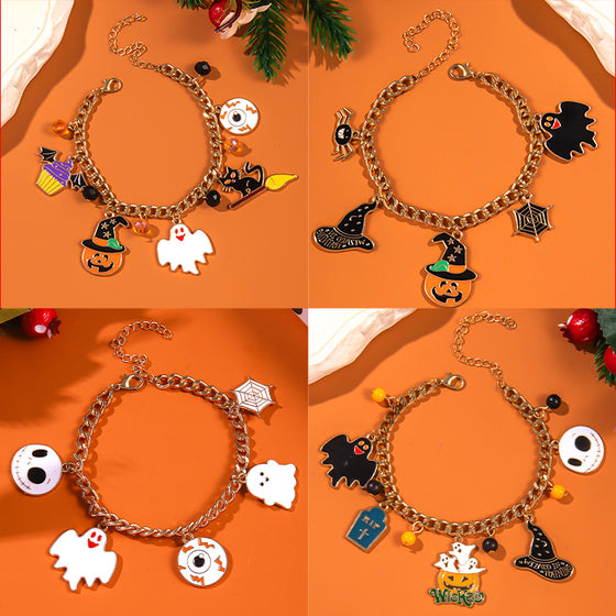 Halloween themed bracelet with pumpkin head, ghost wizard hat, festive ornaments