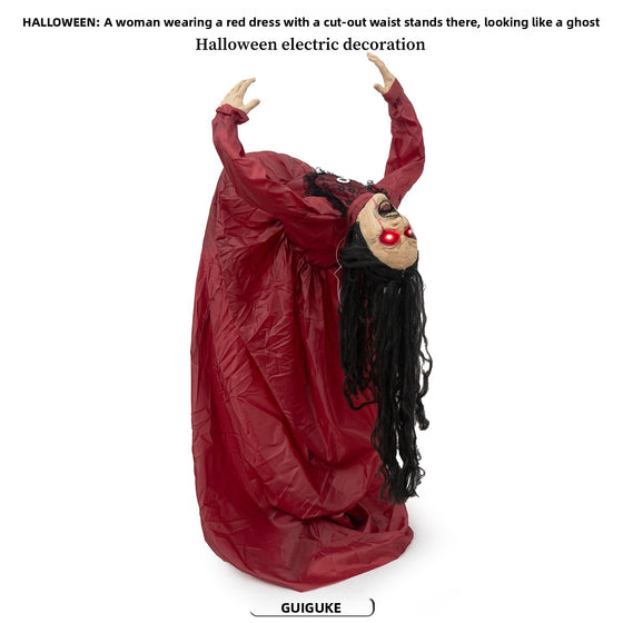 Red-Clothed Female Ghost Halloween Prop with Sound and Motion Activation