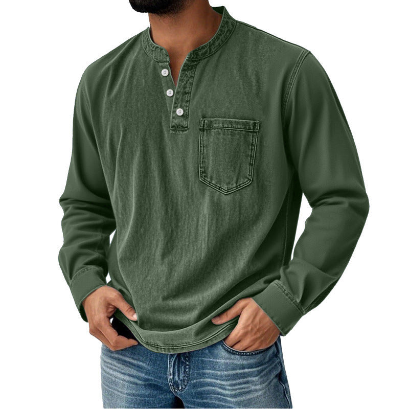 Printed three-button long-sleeved T-shirt